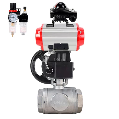 Краны шаровые DN.ru BV3232P(4pc)-SP-3WT-T-ISO-H WDVF Ду25 Ру63 стандартнопроходные, 3-ходовые Т-тип, внутренняя резьба, с пневмоприводом PA-DA, пневмораспределителем 4М310-08 220В NAMUR, БКВ APL-210N, БПВ AFC2000 и ручным дублером MON