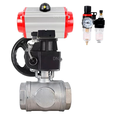 Краны шаровые DN.ru BV3232P(4pc)-SP-3WL-T-ISO-H WDVF Ду32-65 Ру63/40 стандартнопроходные, 3-ходовые L-тип, внутренняя резьба, с пневмоприводом PA-DA, пневмораспределителем 4М310-08 220В NAMUR, БПВ AFC2000 и ручным дублером MON