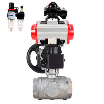 Краны шаровые DN.ru BV3232P(4pc)-SP-3WT-T-ISO-H WDVF Ду25 Ру63 стандартнопроходные, 3-ходовые Т-тип, внутренняя резьба, с пневмоприводом PA-DA, пневмораспределителем 4V320-10 220В NAMUR, БКВ APL-210N, БПВ AFC2000 и ручным дублером MON