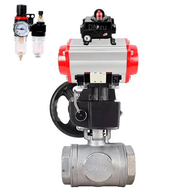 Краны шаровые DN.ru BV3232P(4pc)-SP-3WT-T-ISO-H WDVF Ду25 Ру63 стандартнопроходные, 3-ходовые Т-тип, внутренняя резьба, с пневмоприводом PA-DA, пневмораспределителем 4V320-10 220В NAMUR, БКВ APL-410N EX, БПВ AFC2000 и ручным дублером MON