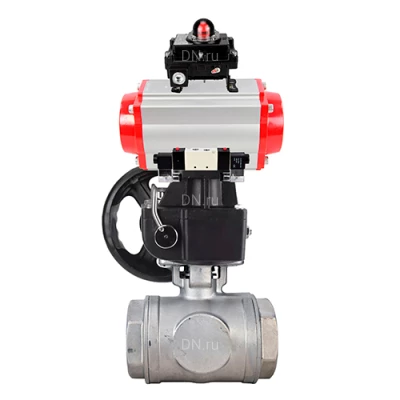 Краны шаровые DN.ru BV3232P(4pc)-SP-3WL-T-ISO-H WDVF Ду32-65 Ру63/40 стандартнопроходные, 3-ходовые L-тип, внутренняя резьба, с пневмоприводом PA-DA, пневмораспределителем 4V320-10 220В NAMUR, БКВ APL-410N EX и ручным дублером MON