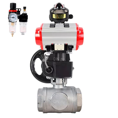 Краны шаровые DN.ru BV3232P(4pc)-SP-3WT-T-ISO-H WDVF Ду25 Ру63 стандартнопроходные, 3-ходовые Т-тип, внутренняя резьба, с пневмоприводом PA-DA, пневмораспределителем 4V320-08 220В NAMUR, БКВ APL-510N EX, БПВ AFC2000 и ручным дублером MON