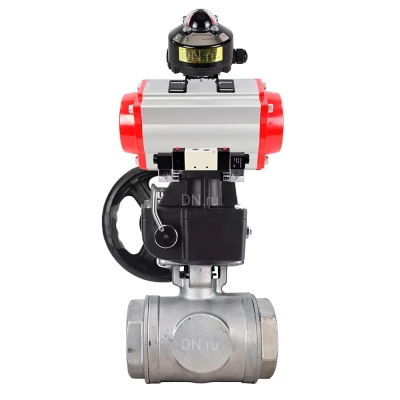 Кран шаровой DN.ru BV3232P(4pc)-SP-3WL-T-ISO-H WDVF Ду40 Ру63 стандартнопроходной, 3-ходовой L-тип, внутренняя резьба, с пневмоприводом PA-DA-083, пневмораспределителем 4V320-08 220В NAMUR, БКВ APL-510N EX и ручным дублером MON1-250-T26-ISO