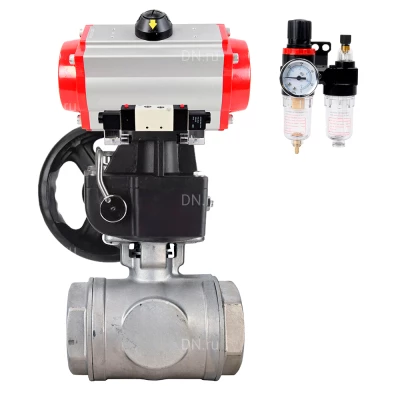 Кран шаровой DN.ru BV3232P(4pc)-SP-3WT-T-ISO-H WDVF Ду25 Ру63 стандартнопроходной, 3-ходовой Т-тип, внутренняя резьба, с пневмоприводом PA-DA-065, пневмораспределителем 4M320-10 AC220V, БПВ AFC2000 и ручным дублером MON1-250-T26-ISO