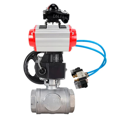 Краны шаровые DN.ru BV3232P(4pc)-SP-3WT-T-ISO-H WDVF Ду25 Ру63 стандартнопроходные, 3-ходовые Т-тип, внутренняя резьба, с пневмоприводом PA-DA, пневмораспределителем 4V320-08 220В, БКВ APL-210N и ручным дублером MON