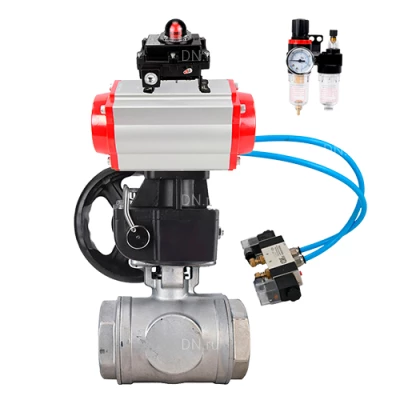 Краны шаровые DN.ru BV3232P(4pc)-SP-3WT-T-ISO-H WDVF Ду25 Ру63 стандартнопроходные, 3-ходовые Т-тип, внутренняя резьба, с пневмоприводом PA-DA, пневмораспределителем 4V320-10 220В, БКВ APL-410N EX, БПВ AFC2000 и ручным дублером MON