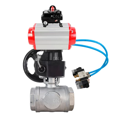 Кран шаровой DN.ru BV3232P(4pc)-SP-3WL-T-ISO-H WDVF Ду40 Ру63 стандартнопроходной, 3-ходовой L-тип, внутренняя резьба, с пневмоприводом PA-DA-083, пневмораспределителем 4V320-10 220В, БКВ APL-410N EX и ручным дублером MON1-250-T26-ISO