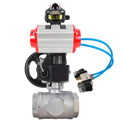 Краны шаровые DN.ru BV3232P(4pc)-SP-3WT-T-ISO-H WDVF Ду25 Ру63 стандартнопроходные, 3-ходовые Т-тип, внутренняя резьба, с пневмоприводом PA-DA, пневмораспределителем 4V320-08 220В, БКВ APL-510N EX и ручным дублером MON