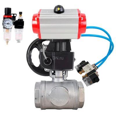 Кран шаровой DN.ru BV3232P(4pc)-SP-3WL-T-ISO-H WDVF Ду32 Ру63 стандартнопроходной, 3-ходовой L-тип, внутренняя резьба, с пневмоприводом PA-DA-083, пневмораспределителем 4V320-08 220В, БПВ AFC2000 и ручным дублером MON1-250-T26-ISO