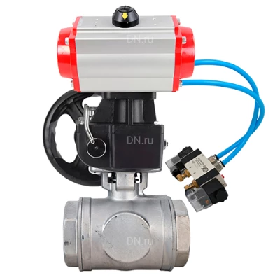 Краны шаровые DN.ru BV3232P(4pc)-SP-3WL-T-ISO-H WDVF Ду32-65 Ру63/40 стандартнопроходные, 3-ходовые L-тип, внутренняя резьба, нержавеющая сталь AISI 316, с пневмоприводом PA-DA, пневмораспределителем 4V320-08 220В и ручным дублером MON