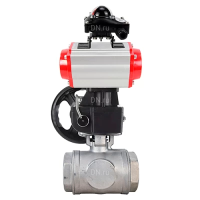 Краны шаровые DN.ru BV3232P(4pc)-SP-3WL-T-ISO-H WDVF Ду32-65 Ру63/40 стандартнопроходные, 3-ходовые L-тип, внутренняя резьба, корпус - нержавеющая сталь AISI 316, уплотнение - PTFE, с пневмоприводом PA-DA, БКВ APL-210N и ручным дублером MON