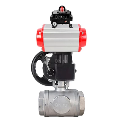 Краны шаровые DN.ru BV3232P(4pc)-SP-3WL-T-ISO-H WDVF Ду32-65 Ру63/40 стандартнопроходные, 3-ходовые L-тип, внутренняя резьба, корпус - нержавеющая сталь AISI 316, уплотнение - PTFE, с пневмоприводом PA-DA, БКВ APL-410N EX и ручным дублером MON