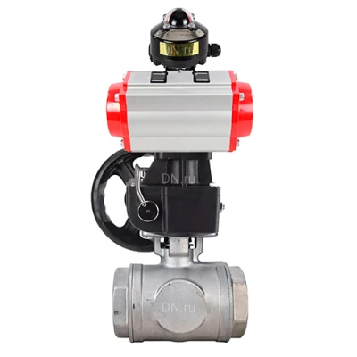 Краны шаровые DN.ru BV3232P(4pc)-SP-3WT-T-ISO-H WDVF Ду25 Ру63 стандартнопроходные, 3-ходовые Т-тип, внутренняя резьба, корпус - нержавеющая сталь AISI 316, уплотнение - PTFE, с пневмоприводом PA-DA, БКВ APL-510N EX и ручным дублером MON