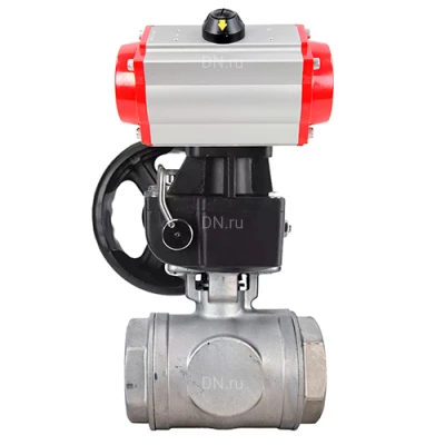 Краны шаровые DN.ru BV3232P(4pc)-SP-3WL-T-ISO-H WDVF Ду32-65 Ру63/40 стандартнопроходные, 3-ходовые L-тип, внутренняя резьба, корпус - нержавеющая сталь AISI 316, уплотнение - PTFE, с пневмоприводом PA-DA и ручным дублером MON
