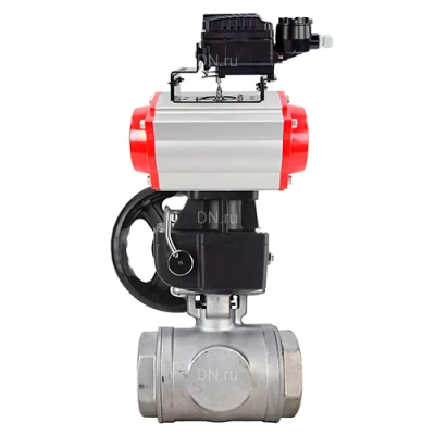 Краны шаровые DN.ru BV3232P(4pc)-SP-3WL-T-ISO-H WDVF Ду32-65 Ру63/40 стандартнопроходные, 3-ходовые L-тип, внутренняя резьба, с пневмоприводом PA-DA, ручным дублером MON,электропневматическим поворотным позиционером YT-1000RSN без обратной связи