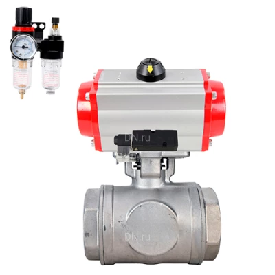 Краны шаровые DN.ru BV3232P(4pc)-SP-3WL-T-ISO-H WDVF Ду32-65 Ру63/40 стандартнопроходные, 3-ходовые L-тип, внутренняя резьба, нержавеющая сталь AISI 316, PTFE, с пневмоприводом PA-DA, пневмораспределителем 4М310-08 220В NAMUR и БПВ AFC2000