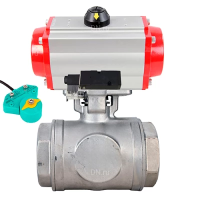 Краны шаровые DN.ru BV3232P(4pc)-SP-3WL-T-ISO-H WDVF Ду32-65 Ру63/40 стандартнопроходные, 3-ходовые L-тип, внутренняя резьба, нержавеющая сталь AISI 316, с пневмоприводом PA-DA, пневмораспределителем 4М310-08 220В NAMUR и магнитным переключателем ALS200D