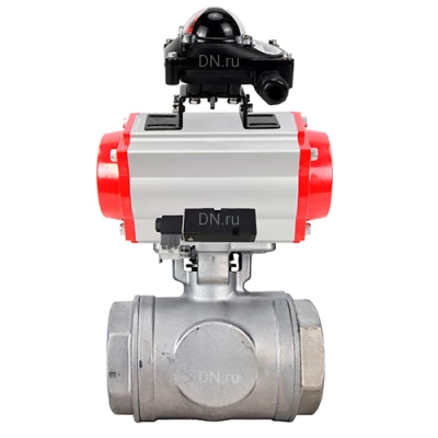 Краны шаровые DN.ru BV3232P(4pc)-SP-3WL-T-ISO-H WDVF Ду40-65 Ру63/40 стандартнопроходные, 3-ходовые L-тип, внутренняя резьба, нержавеющая сталь AISI 316, PTFE, с пневмоприводом PA-SA, пневмораспределителем 4М310-08 220В NAMUR и БКВ APL-210N