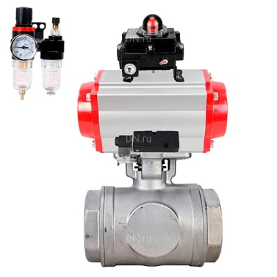 Краны шаровые DN.ru BV3232P(4pc)-SP-3WT-T-ISO-H WDVF Ду25 Ру63 стандартнопроходные, 3-ходовые Т-тип, внутренняя резьба, нержавеющая сталь AISI 316, PTFE, с пневмоприводом PA-DA, пневмораспределителем 4М310-08 220В NAMUR, БКВ APL-410N EX и БПВ AFC2000