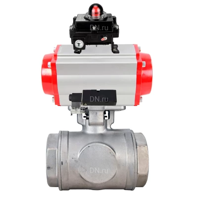 Кран шаровой DN.ru BV3232P(4pc)-SP-3WT-T-ISO-H WDVF Ду25 Ру63 стандартнопроходной, 3-ходовой Т-тип, внутренняя резьба, нержавеющая сталь AISI 316, PTFE, с пневмоприводом PA-DA-065, пневмораспределителем 4М310-08 24В NAMUR и БКВ APL-410N EX