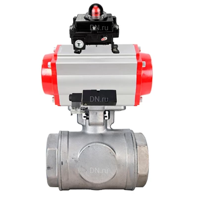 Краны шаровые DN.ru BV3232P(4pc)-SP-3WL-T-ISO-H WDVF Ду40-65 Ру63/40 стандартнопроходные, 3-ходовые L-тип, внутренняя резьба, нержавеющая сталь AISI 316, PTFE, с пневмоприводом PA-SA, пневмораспределителем 4М310-08 24В NAMUR и БКВ APL-410N EX