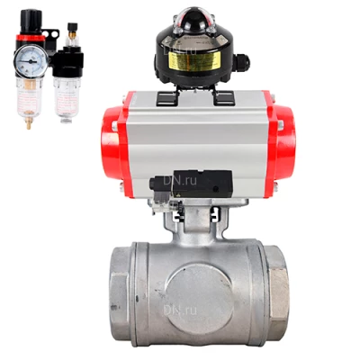 Краны шаровые DN.ru BV3232P(4pc)-SP-3WL-T-ISO-H WDVF Ду40-65 Ру63/40 стандартнопроходные, 3-ходовые L-тип, внутренняя резьба, нержавеющая сталь AISI 316, PTFE, с пневмоприводом PA-SA, пневмораспределителем 4М310-08 220В NAMUR,БКВ APL-510N EX и БПВ AFC2000