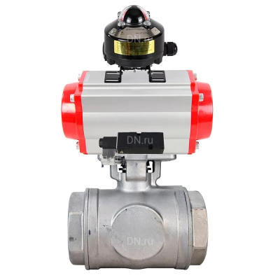 Кран шаровой DN.ru BV3232P(4pc)-SP-3WL-T-ISO-H WDVF Ду65 Ру40 стандартнопроходной, 3-ходовой L-тип, внутренняя резьба, нержавеющая сталь AISI 316, PTFE, с пневмоприводом PA-DA-105, пневмораспределителем 4М310-08 220В NAMUR и БКВ APL-510N EX