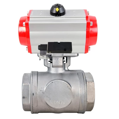 Кран шаровой DN.ru BV3232P(4pc)-SP-3WT-T-ISO-H WDVF Ду25 Ру63 стандартнопроходной, 3-ходовой Т-тип, внутренняя резьба, корпус - нержавеющая сталь AISI 316, уплотнение - PTFE, с пневмоприводом PA-DA-065 и пневмораспределителем 4М310-08 24В NAMUR