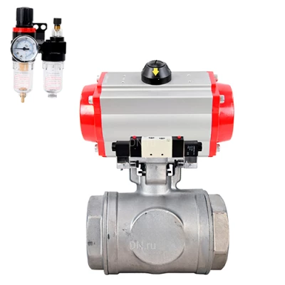 Краны шаровые DN.ru BV3232P(4pc)-SP-3WL-T-ISO-H WDVF Ду40-65 Ру63/40 стандартнопроходные, 3-ходовые L-тип, внутренняя резьба, нержавеющая сталь AISI 316, PTFE, с пневмоприводом PA-SA, пневмораспределителем 4V320-08 220В NAMUR и БПВ AFC2000