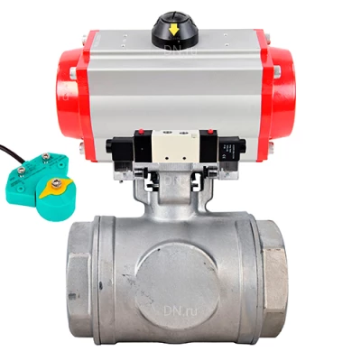 Краны шаровые DN.ru BV3232P(4pc)-SP-3WT-T-ISO-H WDVF Ду25 Ру63 стандартнопроходные, 3-ходовые Т-тип, внутренняя резьба, нержавеющая сталь AISI 316, с пневмоприводом PA-DA, пневмораспределителем 4V320-08 220В NAMUR и магнитным переключателем ALS200D