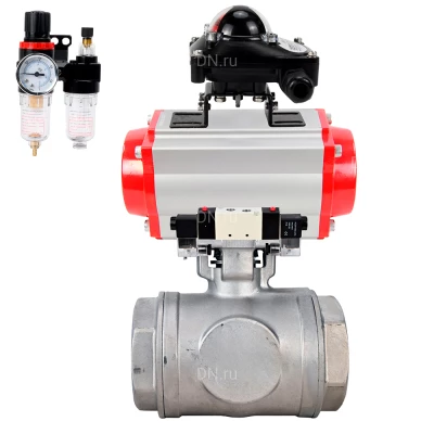 Кран шаровой DN.ru BV3232P(4pc)-SP-3WL-T-ISO-H WDVF Ду40 Ру63 стандартнопроходной, 3-ходовой L-тип, внутренняя резьба, нержавеющая сталь AISI 316, PTFE, с пневмоприводом PA-DA-083, пневмораспределителем 4V320-10 220В NAMUR, БКВ APL-210N и БПВ AFC2000