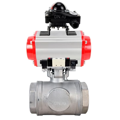 Кран шаровой DN.ru BV3232P(4pc)-SP-3WT-T-ISO-H WDVF Ду25 Ру63 стандартнопроходной, 3-ходовой Т-тип, внутренняя резьба, нержавеющая сталь AISI 316, PTFE, с пневмоприводом PA-DA-065, пневмораспределителем 4V320-08 220В NAMUR и БКВ APL-210N