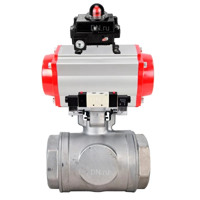 Кран шаровой DN.ru BV3232P(4pc)-SP-3WL-T-ISO-H WDVF Ду40 Ру63 стандартнопроходной, 3-ходовой L-тип, внутренняя резьба, нержавеющая сталь AISI 316, PTFE, с пневмоприводом PA-DA-083, пневмораспределителем 4V320-08 220В NAMUR и БКВ APL-410N EX