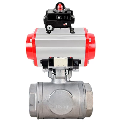 Краны шаровые DN.ru BV3232P(4pc)-SP-3WL-T-ISO-H WDVF Ду40-65 Ру63/40 стандартнопроходные, 3-ходовые L-тип, внутренняя резьба, нержавеющая сталь AISI 316, PTFE, с пневмоприводом PA-SA, пневмораспределителем 4V320-10 220В NAMUR и БКВ APL-410N EX