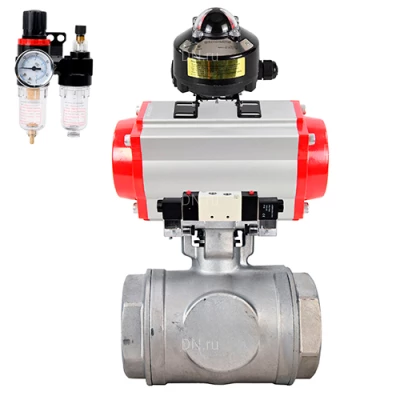 Краны шаровые DN.ru BV3232P(4pc)-SP-3WL-T-ISO-H WDVF Ду40-65 Ру63/40 стандартнопроходные, 3-ходовые L-тип, внутренняя резьба, нержавеющая сталь AISI 316, PTFE, с пневмоприводом PA-SA, пневмораспределителем 4V320-08 220В NAMUR,БКВ APL-510N EX и БПВ AFC2000