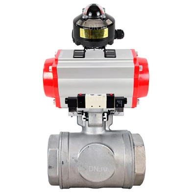 Краны шаровые DN.ru BV3232P(4pc)-SP-3WL-T-ISO-H WDVF Ду32-65 Ру63/40 стандартнопроходные, 3-ходовые L-тип, внутренняя резьба, нержавеющая сталь AISI 316, PTFE, с пневмоприводом PA-DA, пневмораспределителем 4V320-08 220В NAMUR и БКВ APL-510N EX