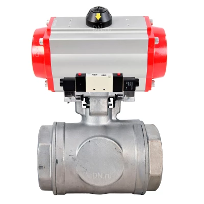 Кран шаровой DN.ru BV3232P(4pc)-SP-3WL-T-ISO-H WDVF Ду65 Ру40 стандартнопроходной, 3-ходовой L-тип, внутренняя резьба, корпус - нержавеющая сталь AISI 316, уплотнение - PTFE, с пневмоприводом PA-SA-140 и пневмораспределителем 4V320-10 220В NAMUR