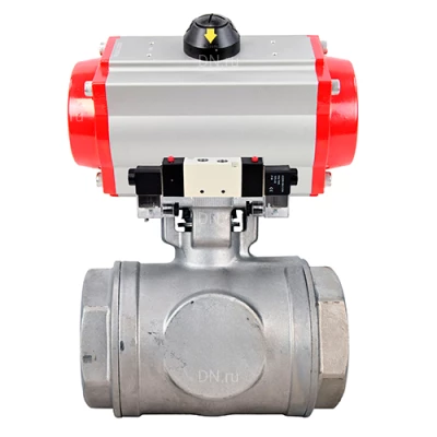 Краны шаровые DN.ru BV3232P(4pc)-SP-3WT-T-ISO-H WDVF Ду25 Ру63 стандартнопроходные, 3-ходовые Т-тип, внутренняя резьба, корпус - нержавеющая сталь AISI 316, уплотнение - PTFE, с пневмоприводом PA-DA и пневмораспределителем 4V320-10 220В NAMUR