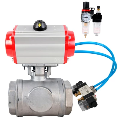 Кран шаровой DN.ru BV3232P(4pc)-SP-3WL-T-ISO-H WDVF Ду40 Ру63 стандартнопроходной, 3-ходовой L-тип, внутренняя резьба, нержавеющая сталь AISI 316, PTFE, с пневмоприводом PA-DA-083, пневмораспределителем 4V320-10 220В и БПВ AFC2000