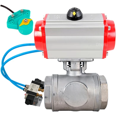 Краны шаровые DN.ru BV3232P(4pc)-SP-3WL-T-ISO-H WDVF Ду32-65 Ру63/40 стандартнопроходные, 3-ходовые L-тип, внутренняя резьба, нержавеющая сталь AISI 316, с пневмоприводом PA-DA, пневмораспределителем 4V320-08 220В и магнитным переключателем ALS200D