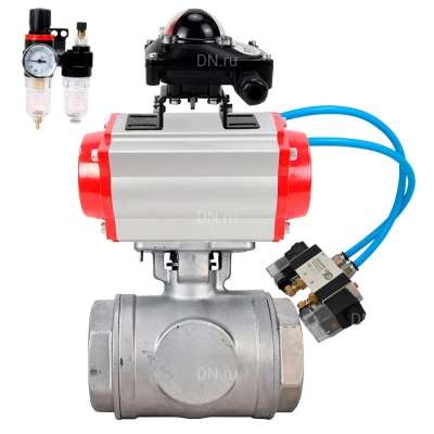 Кран шаровой DN.ru BV3232P(4pc)-SP-3WL-T-ISO-H WDVF Ду32 Ру63 стандартнопроходной, 3-ходовой L-тип, внутренняя резьба, нержавеющая сталь AISI 316, PTFE, с пневмоприводом PA-DA-083, пневмораспределителем 4V320-08 220В, БКВ APL-210N и БПВ AFC2000