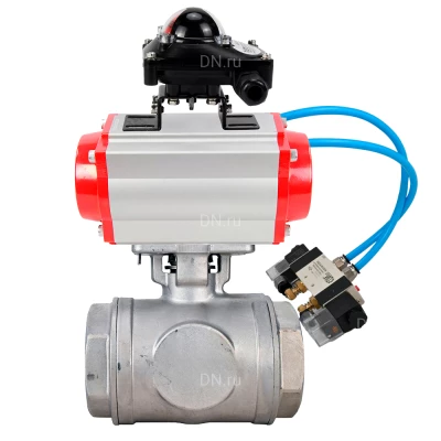 Кран шаровой DN.ru BV3232P(4pc)-SP-3WL-T-ISO-H WDVF Ду65 Ру40 стандартнопроходной, 3-ходовой L-тип, внутренняя резьба, нержавеющая сталь AISI 316, PTFE, с пневмоприводом PA-DA-105, пневмораспределителем 4V320-10 220В и БКВ APL-210N