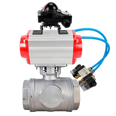 Краны шаровые DN.ru BV3232P(4pc)-SP-3WT-T-ISO-H WDVF Ду25 Ру63 стандартнопроходные, 3-ходовые Т-тип, внутренняя резьба, нержавеющая сталь AISI 316, PTFE, с пневмоприводом PA-DA, пневмораспределителем 4V320-10 220В и БКВ APL-210N
