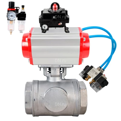 Кран шаровой DN.ru BV3232P(4pc)-SP-3WL-T-ISO-H WDVF Ду32 Ру63 стандартнопроходной, 3-ходовой L-тип, внутренняя резьба, нержавеющая сталь AISI 316, PTFE, с пневмоприводом PA-DA-083, пневмораспределителем 4V320-08 220В, БКВ APL-410N EX и БПВ AFC2000
