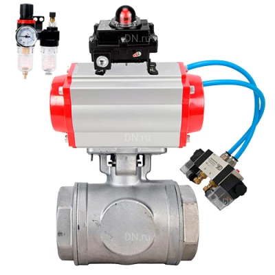 Краны шаровые DN.ru BV3232P(4pc)-SP-3WT-T-ISO-H WDVF Ду25 Ру63 стандартнопроходные, 3-ходовые Т-тип, внутренняя резьба, нержавеющая сталь AISI 316, PTFE, с пневмоприводом PA-DA, пневмораспределителем 4V320-10 220В, БКВ APL-410N EX и БПВ AFC2000