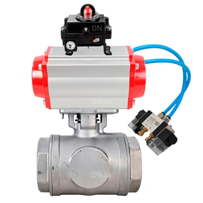 Краны шаровые DN.ru BV3232P(4pc)-SP-3WL-T-ISO-H WDVF Ду40-65 Ру63/40 стандартнопроходные, 3-ходовые L-тип, внутренняя резьба, нержавеющая сталь AISI 316, PTFE, с пневмоприводом PA-SA, пневмораспределителем 4V320-10 220В и БКВ APL-410N EX