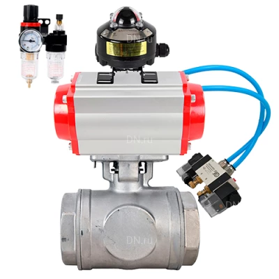 Краны шаровые DN.ru BV3232P(4pc)-SP-3WT-T-ISO-H WDVF Ду25 Ру63 стандартнопроходные, 3-ходовые Т-тип, внутренняя резьба, нержавеющая сталь AISI 316, PTFE, с пневмоприводом PA-DA, пневмораспределителем 4V320-08 220В, БКВ APL-510N EX и БПВ AFC2000