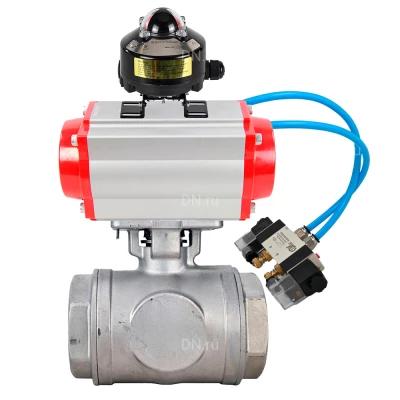 Кран шаровой DN.ru BV3232P(4pc)-SP-3WL-T-ISO-H WDVF Ду32 Ру63 стандартнопроходной, 3-ходовой L-тип, внутренняя резьба, нержавеющая сталь AISI 316, PTFE, с пневмоприводом PA-DA-083, пневмораспределителем 4V320-08 220В и БКВ APL-510N EX