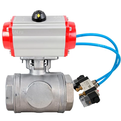 Краны шаровые DN.ru BV3232P(4pc)-SP-3WL-T-ISO-H WDVF Ду32-65 Ру63/40 стандартнопроходные, 3-ходовые L-тип, внутренняя резьба, корпус - нержавеющая сталь AISI 316, уплотнение - PTFE, с пневмоприводом PA-DA и пневмораспределителем 4V320-10 220В