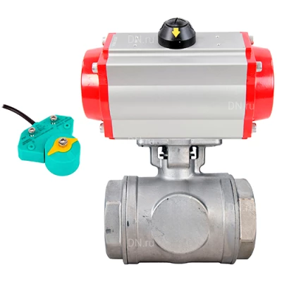 Краны шаровые DN.ru BV3232P(4pc)-SP-3WL-T-ISO-H WDVF Ду32-65 Ру63/40 стандартнопроходные, 3-ходовые L-тип, внутренняя резьба, корпус - нержавеющая сталь AISI 316, уплотнение - PTFE, с пневмоприводом PA-DA и магнитным переключателем ALS200D